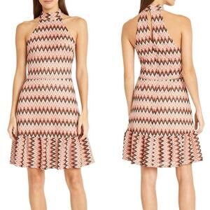 Donna Morgan Halter Mini Dress 6 Zigzag Lace Ruffle Hem Retro Party 70s Cocktail